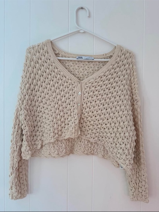 Zara Sweaters - Zara Beige Crochet Knit Button-Front Cropped Cardigan